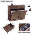 Modern Double Tilt-Out Trash Cabinet, 20 Gallon Fluted Laundry Hamper Cabinet with 2 Drawers, Wooden Hidden Garbage Can Cabinet w/Storage Basket,Free Standing for Kitchen & Living Room, Brown