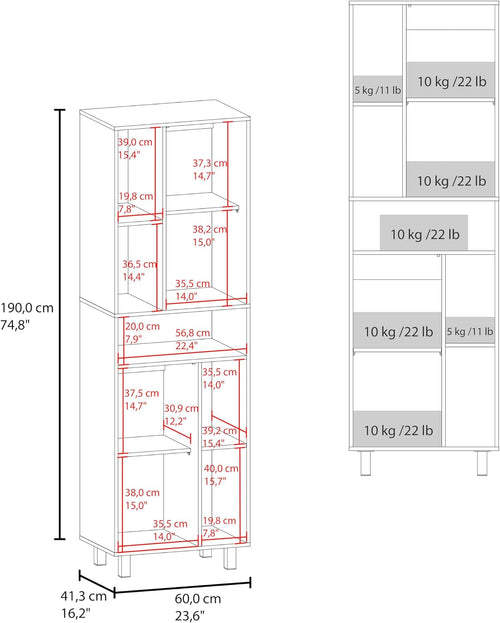 23.6" D* 16.2" W*74.8" H Kitchen Pantry with 4 Shelves, 2 Single Doors with 8 Storage Cubbies, Rectangular Storage Cabinet, Modern Minimalist, for Living Room, Dining Room, White