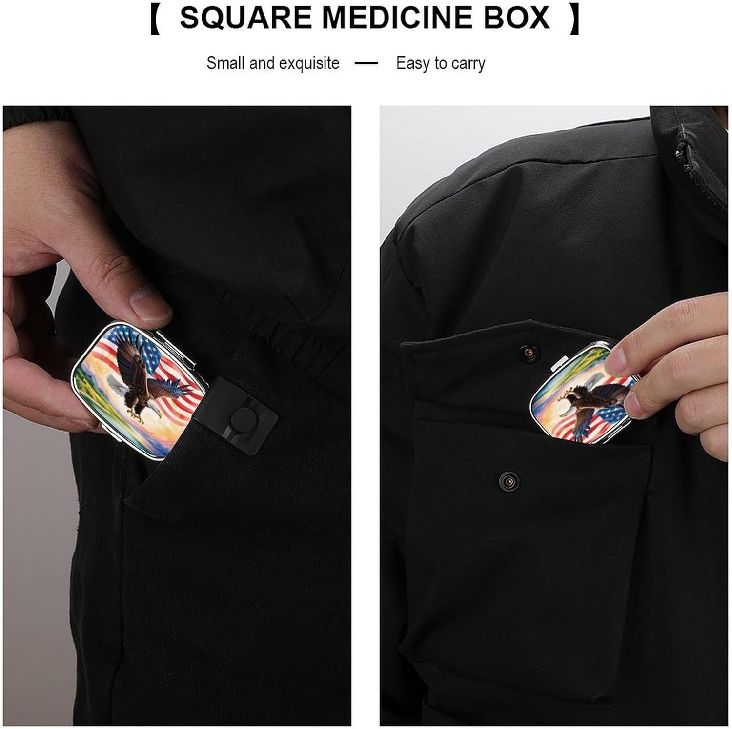 Custom Metal Pill Organizer, Personalization Pill Box with Photo Text Name, 2-Compartment Push-Button Case for Daily Vitamins & Travel