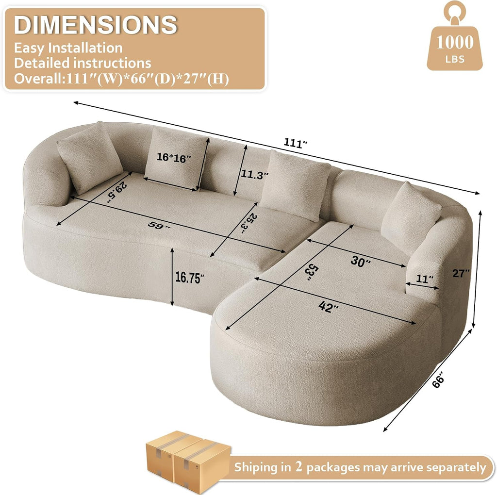 Luxury Modern Tight Curved Back Sofa, 111" Minimalist Style Comfy Couch for Living Room, 4 Seater Modular Chenille Sectional with 4 Throw Pillows,No Assembly Needed,Light Brown(Right-Facing Chaise)