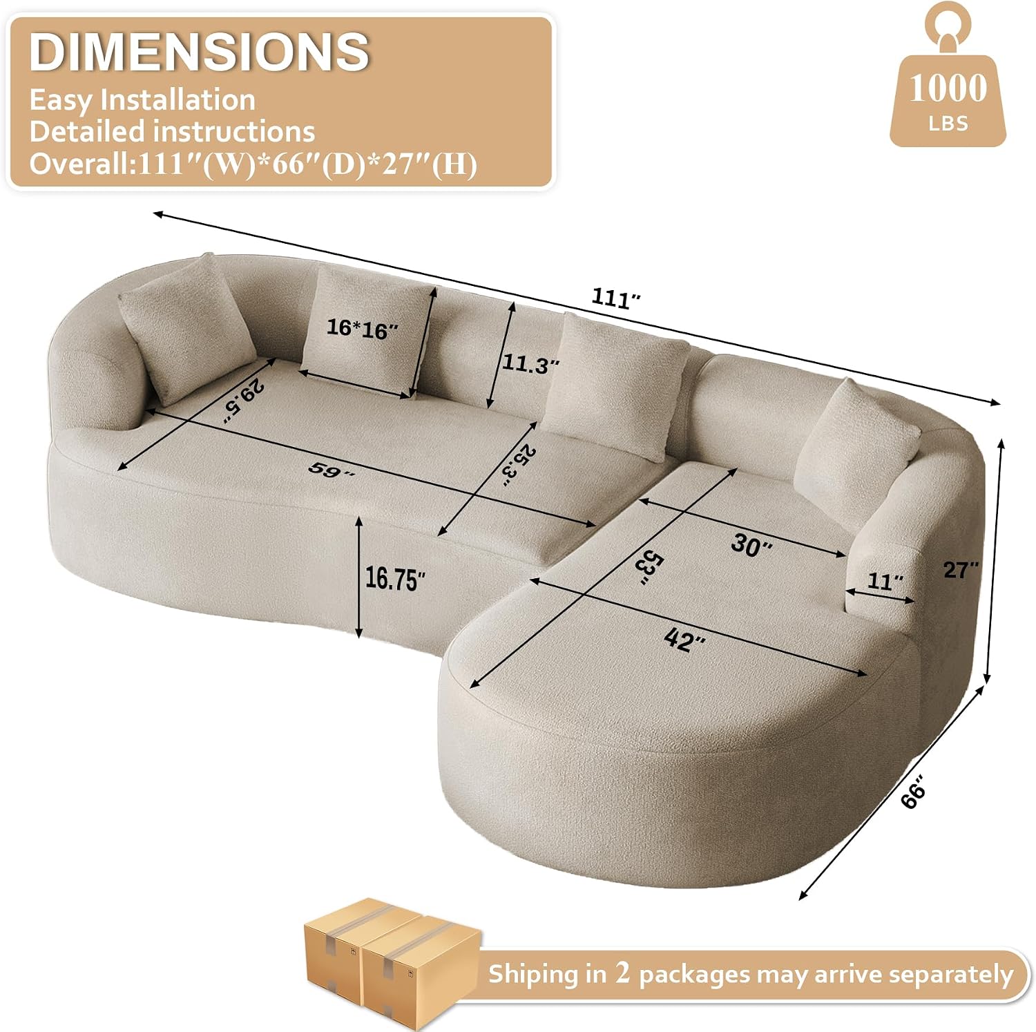 Luxury Modern Tight Curved Back Sofa, 111" Minimalist Style Comfy Couch for Living Room, 4 Seater Modular Chenille Sectional with 4 Throw Pillows,No Assembly Needed,Light Brown(Right-Facing Chaise)
