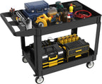 2 Tier Plastic Rolling Cart Utility Cart on Wheels, Heavy Duty Tool Carts with Ergonomic Storage Handle and Deep Shelfs, Work Cart Service Carts for Garage, Warehouse, Workshop, Office, Cleaning
