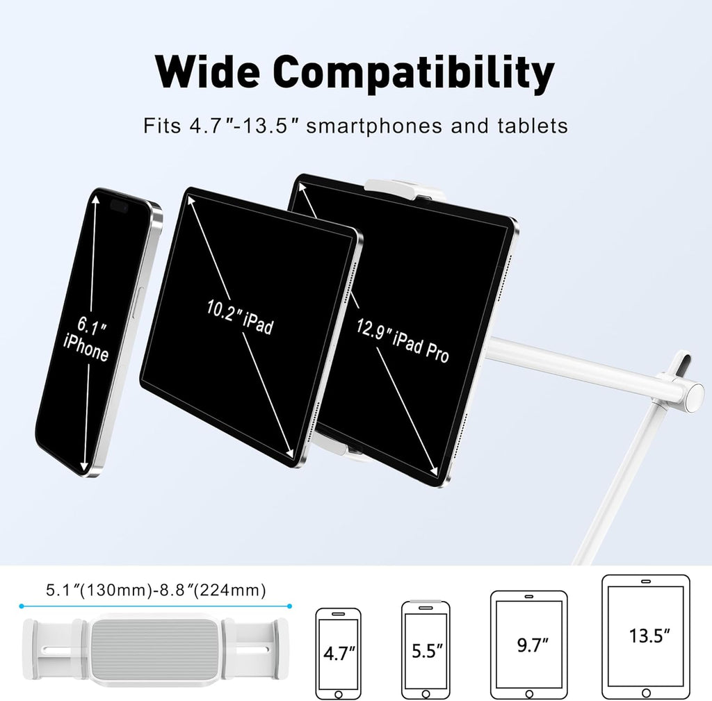 AboveTEK Tablet Stand Holder for Desk & Bed, Aluminum iPad Holder Arm with 360° Rotating Clamp, Adjustable Phone Stand Compatible with 4.7"-13.5" iPad Pro/Air/Mini, iPhone, Galaxy Tab- White