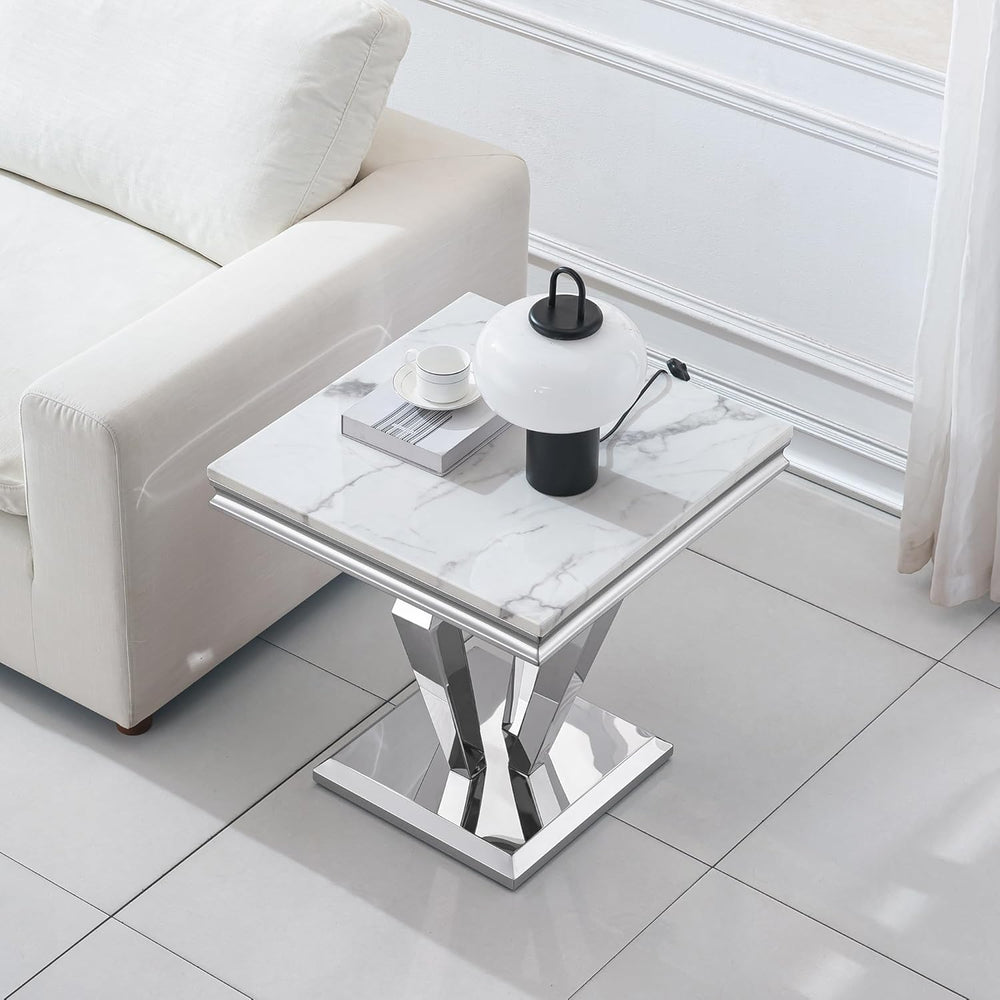 Faux Marble End Table, 23" Square White End Table with Faux Faux Marble ...