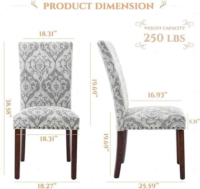 Parsons Dining Chairs Set of 6, Upholstered Nailhead Dining Room Kitchen Side Chair with Thick Cushions and Wood Legs, White/Grey