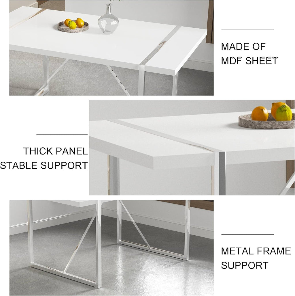 Dining Table Set for 6, White Rectangular MDF Kitchen Table Set with Leather Dining Chairs Set of 4, 55" Dinner Table Set for Kitchen, Dining Room