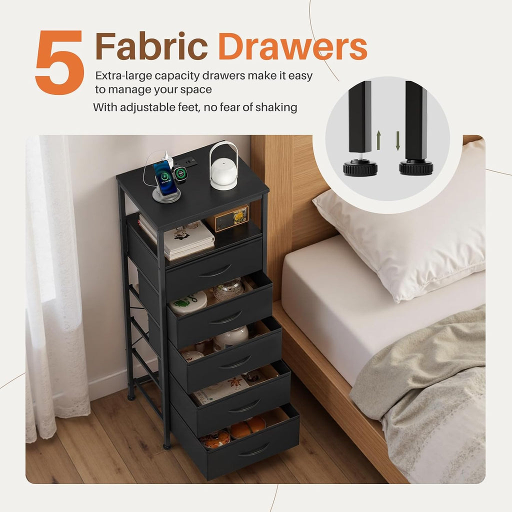 Sweetcrispy Nightstand with Charging Station 5 Fabric Drawers Bedside Table | Night Stand with USB Type-C Ports, AC Outlets & Dimmable LED Light Strip, Modern Black Bedroom End Table