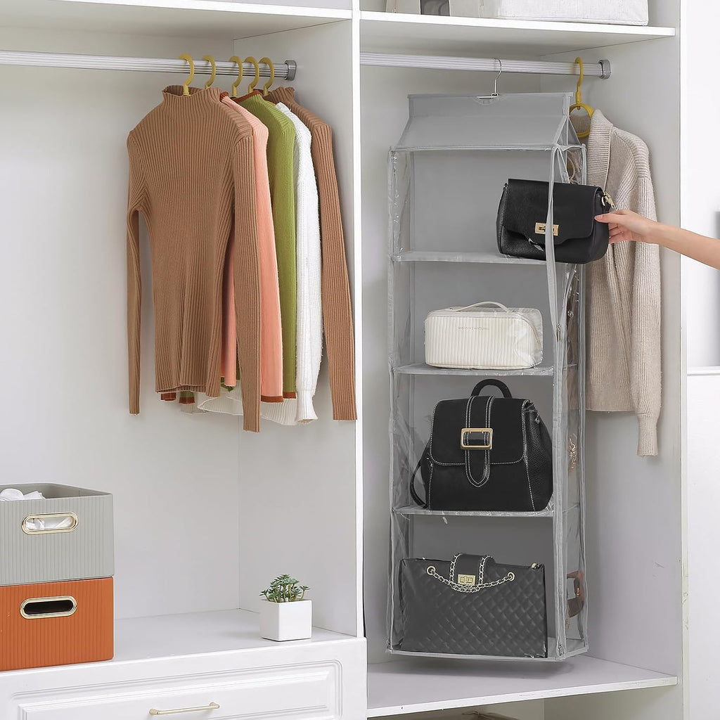 8 Grids in 1 Rotatable Hanging Purse Handbag Organizer with Double Zippers, Visible Purse Organizer for Closet, Fully Enclosed Handbag Storage Holder