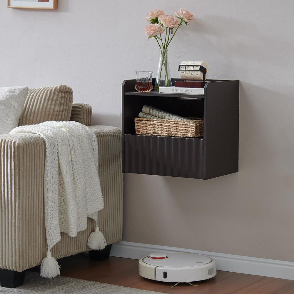 Modern Fluted Floating Nightstand Wall Mounted - Bedside Table with Storage D...