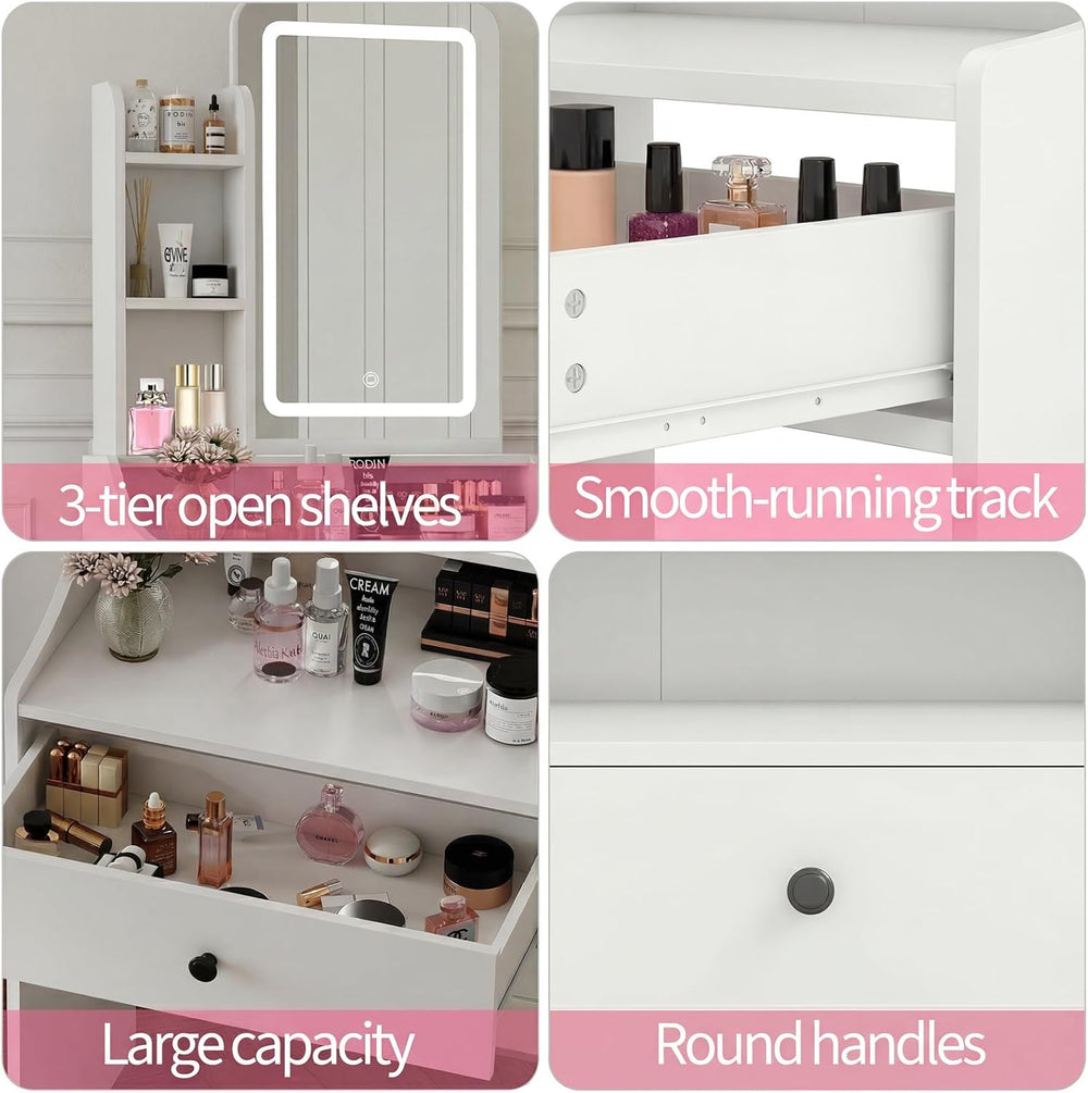 Small Vanity Desk with LED Light Mirror and Storage Bench, White | Small Vani...