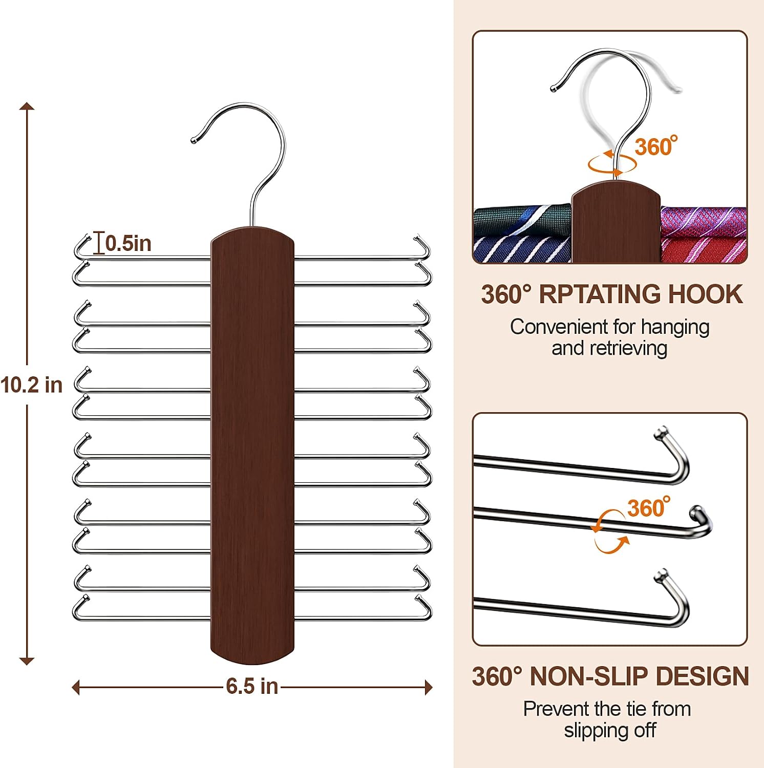 Tie Rack with 48 Hooks, Large Capacity Tie Hanger for Closet Organizers and Storage,Space Saving Wooden Necktie Hanger Ties Organizer for Men - 2 Pack