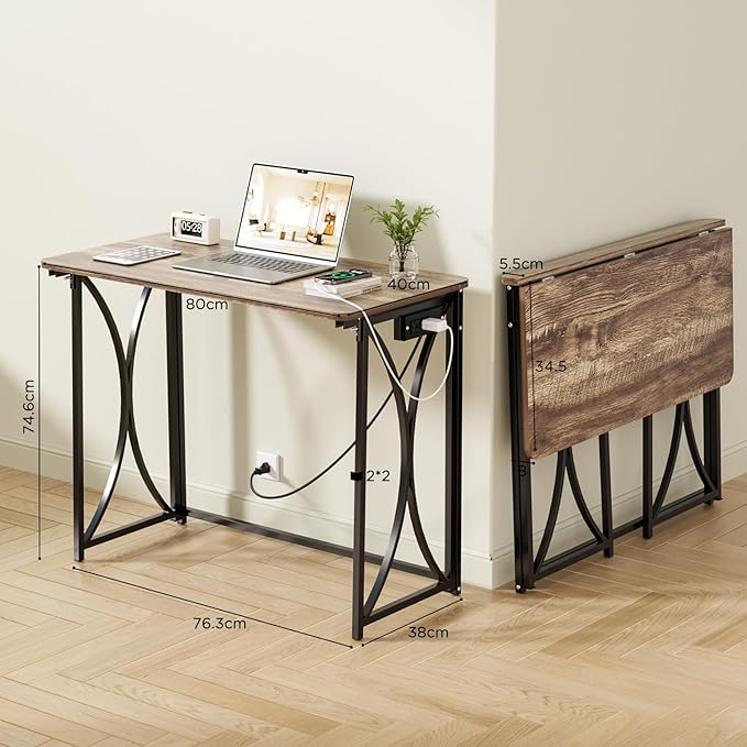 Small Desk, 31.5" Folding Table for Bedroom with Power Outlet, Space Saving Folding Computer Desk for Home Office, Easy Assembly, Light Brown