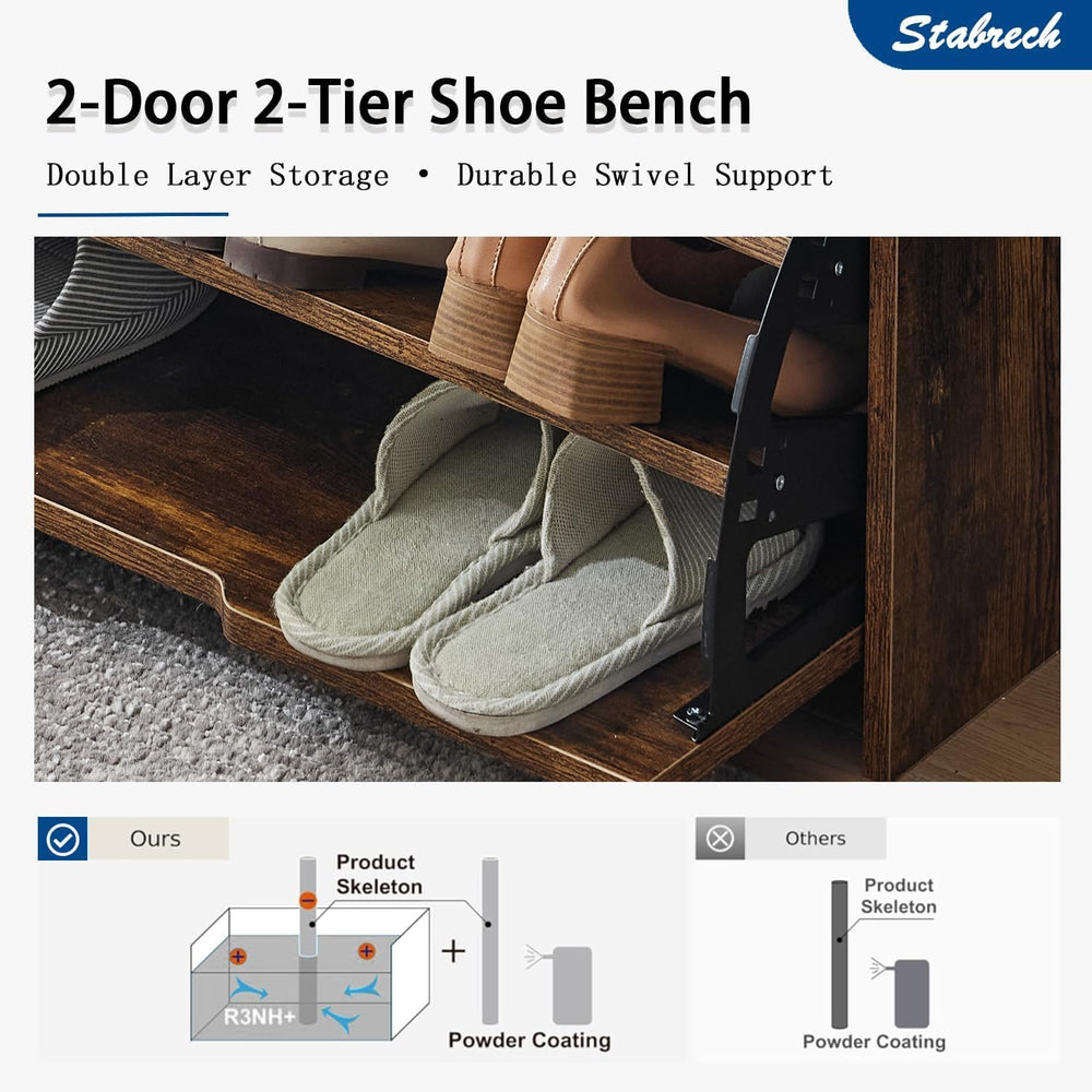 Brown Shoe Storage Bench with 2 Flip Drawers, Entryway Bench with Removable S...