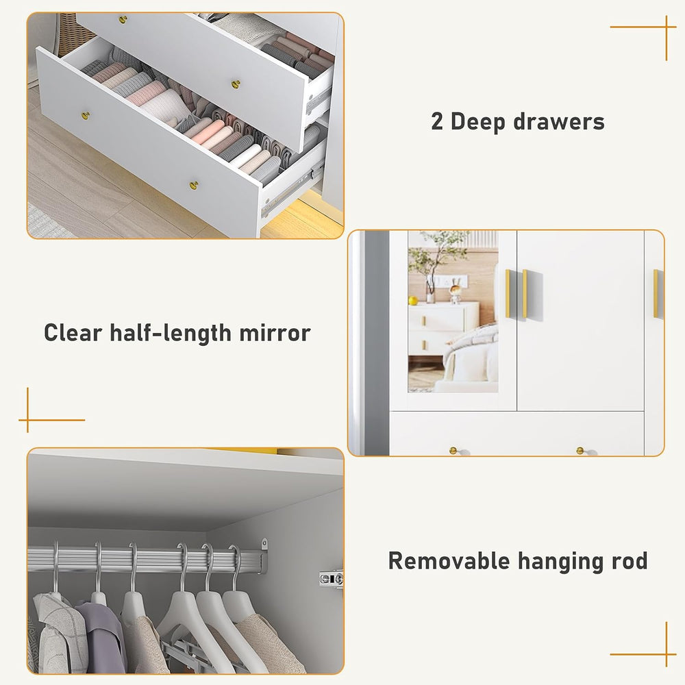 chartustriable 3 Doors Armoire Wardrobe Closet with Mirror, LED Armoire with ...