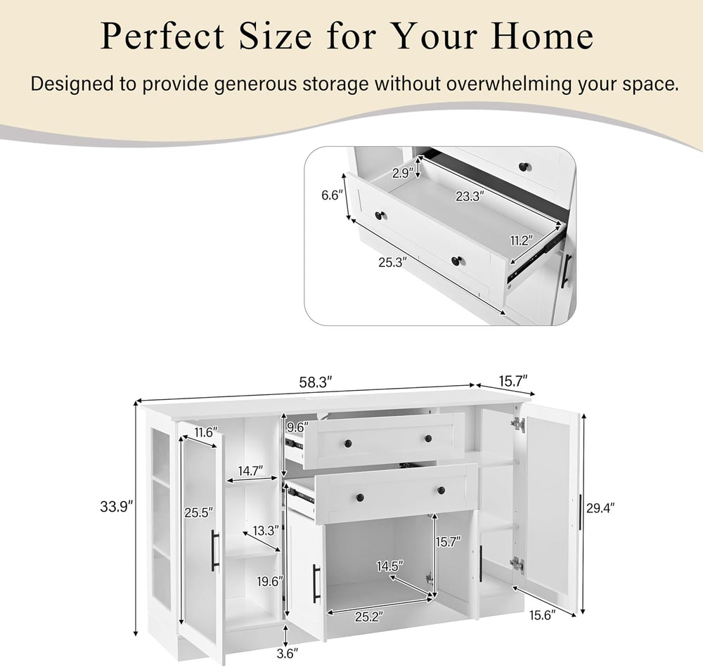 58.3" Modern Buffet Sideboard with 4 Doors & 2 Drawers, Modern Buffe...