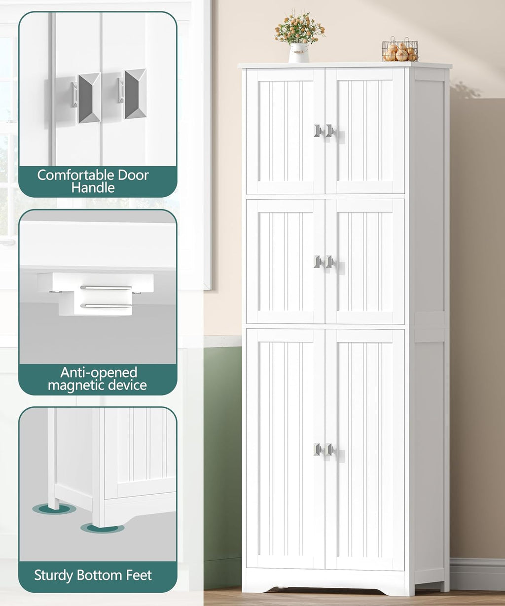 Tall Bathroom Storage Cabinet, 63" H Linen Floor Cabinet | Pantry Storage Cabinet with 6 Doors and Adjustable Shelves, for Bathroom, Living Room, Laundry Room, Kitchen, White