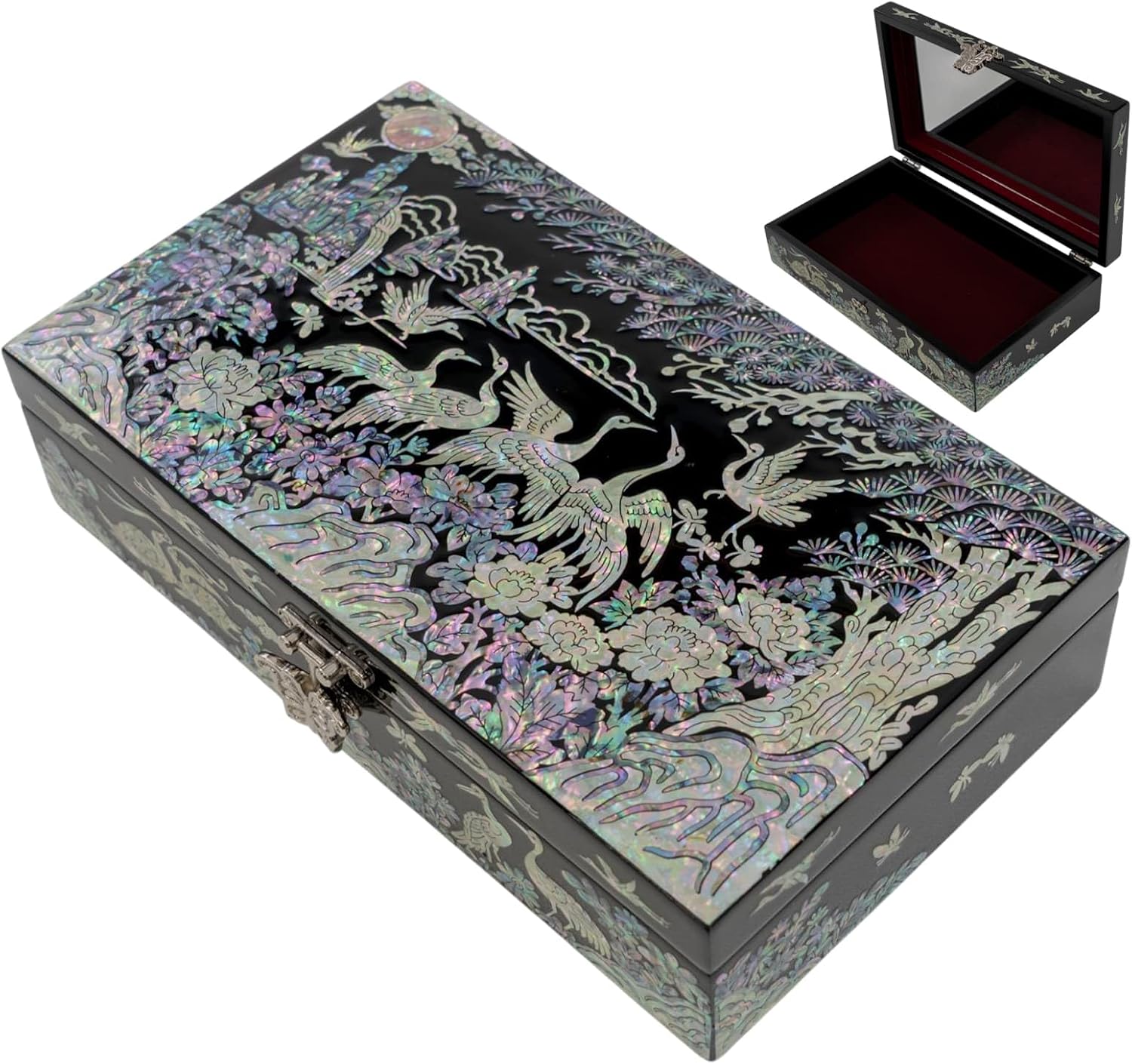 Mother of Pearl Jewelry Organizer box - Handmade Large Wooden Box Romantic Anniversary Birthday Gifts for women (Crane)