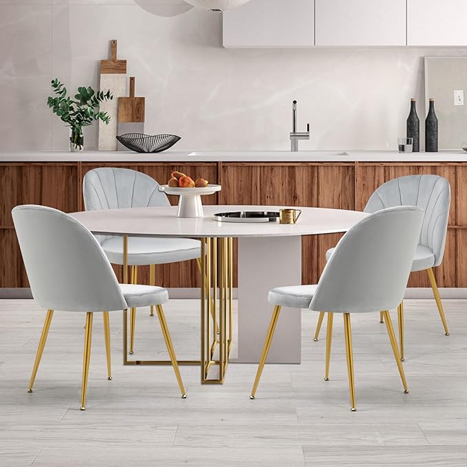 Velvet Dining Chairs Set of 2, Upholstered Mid Century Modern Dining Chairs, Armless Accent Chair with Metal Gold Legs for Living Room, Kitchen, Dining Room, Grey