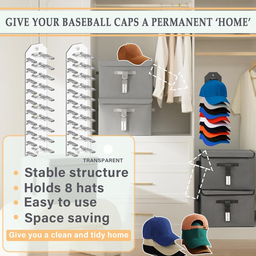 2 Pack Hat Organizer for Baseball Caps,Hat Rack for Wall, Compact Hat Storage Display Holder,Hold Up to 16 Hats,Hat Hanger Strong Adhesive/Wall Drilled for Door,Bedroom,Closet