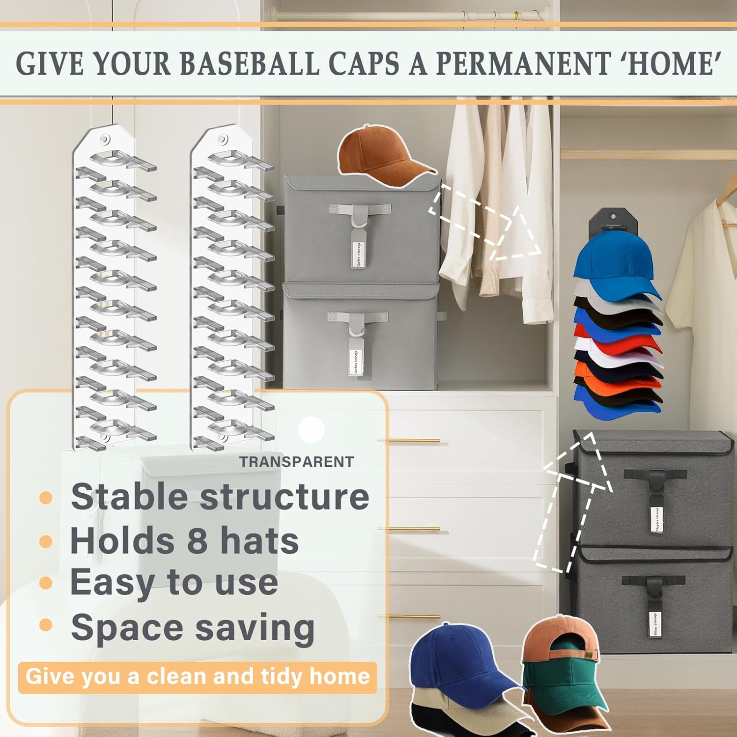 2 Pack Hat Organizer for Baseball Caps,Hat Rack for Wall, Compact Hat Storage Display Holder,Hold Up to 16 Hats,Hat Hanger Strong Adhesive/Wall Drilled for Door,Bedroom,Closet