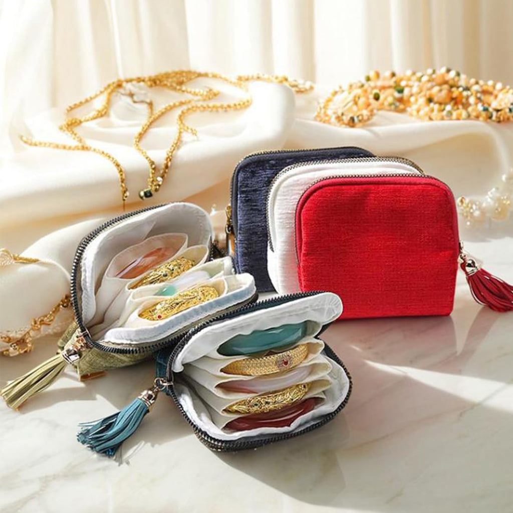 Travel Jewelry Case, Portable Jewelry Storage Bag, Compact Foldable Five Compartments Organizer Pouch with Zipper & Tassel for Earring Necklace Ring Bracelet (3pcs-A)