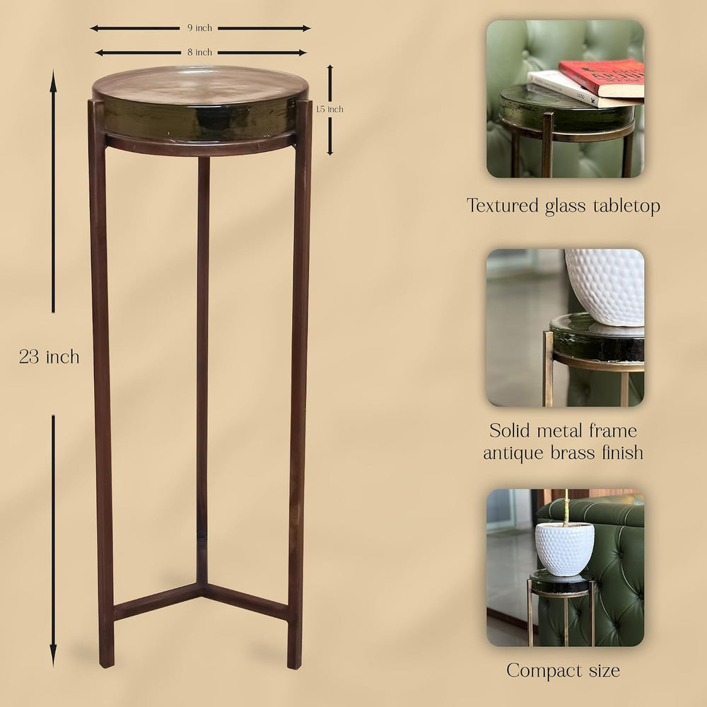 Modern Brass Drink Table, 9 x 9 x 23, with Clear Glass, Detailed Glass Accent...