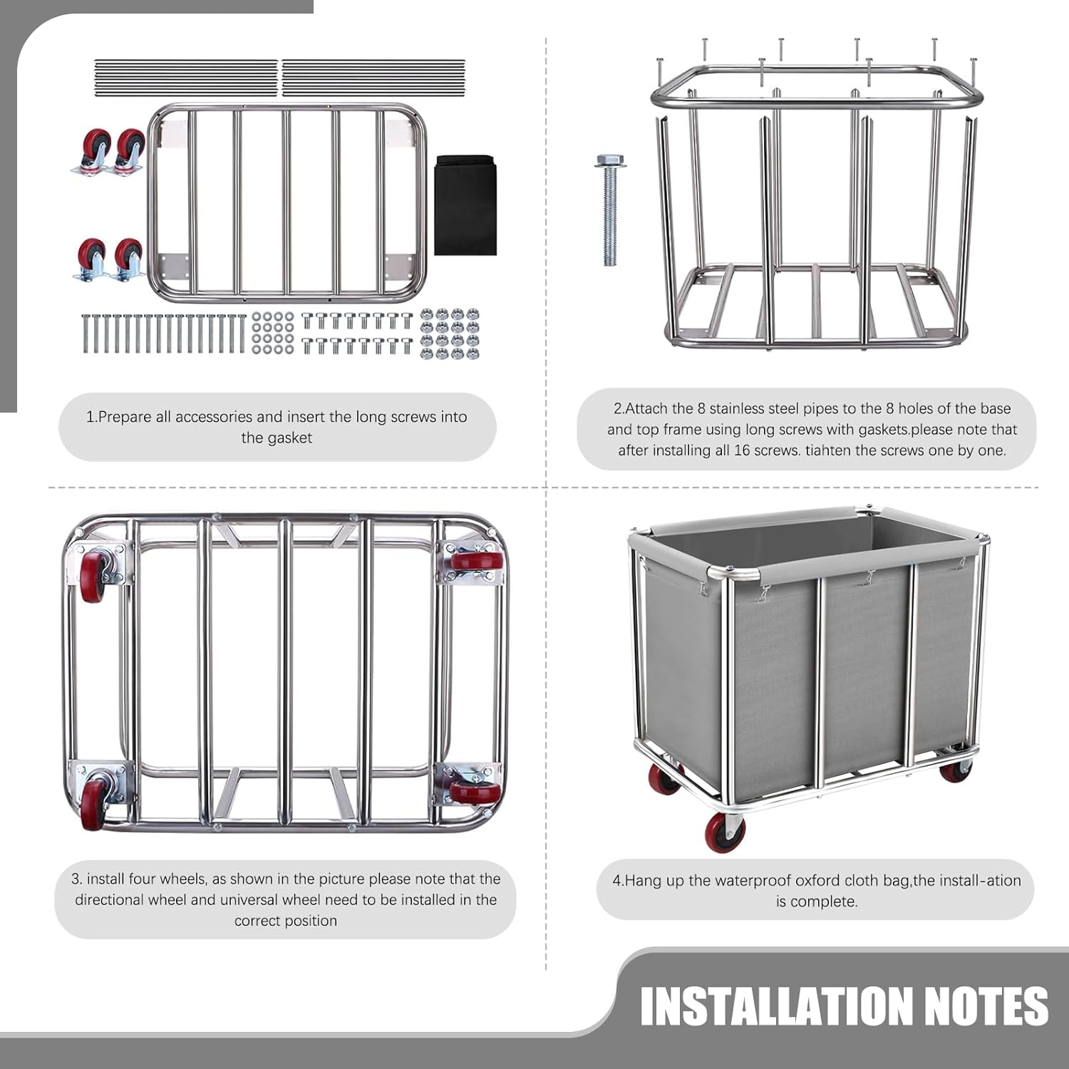 Commercial Laundry Cart on Wheels, 11.35 Bushels Large Laundry Roller, Heavy Duty Stainless Steel, Gray-10