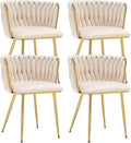 Kiztir Velvet Dining Chairs Set of 4 Upholstered Modern Dining Room Chairs with Woven Back and Gold Metal Legs for Living Room, Bedroom, Kitchen (Beige)
