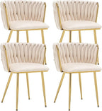 Kiztir Velvet Dining Chairs Set of 4 Upholstered Modern Dining Room Chairs with Woven Back and Gold Metal Legs for Living Room, Bedroom, Kitchen (Beige)
