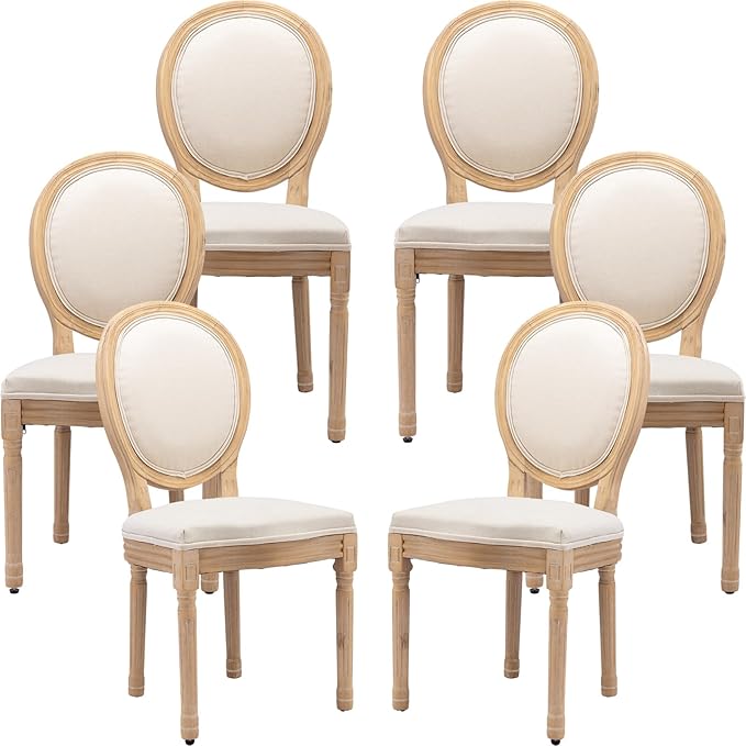 French Country Dining Chairs Set of 6, Cream Kitchen & Dining Room Chairs Set of 6, Ivory Linen Upholstered Dining Chairs,Sillas De Comedor,Wood Legs (Fabric, Beige, 6Pcs)