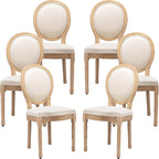 French Country Dining Chairs Set of 6, Cream Kitchen & Dining Room Chairs Set of 6, Ivory Linen Upholstered Dining Chairs,Sillas De Comedor,Wood Legs (Fabric, Beige, 6Pcs)