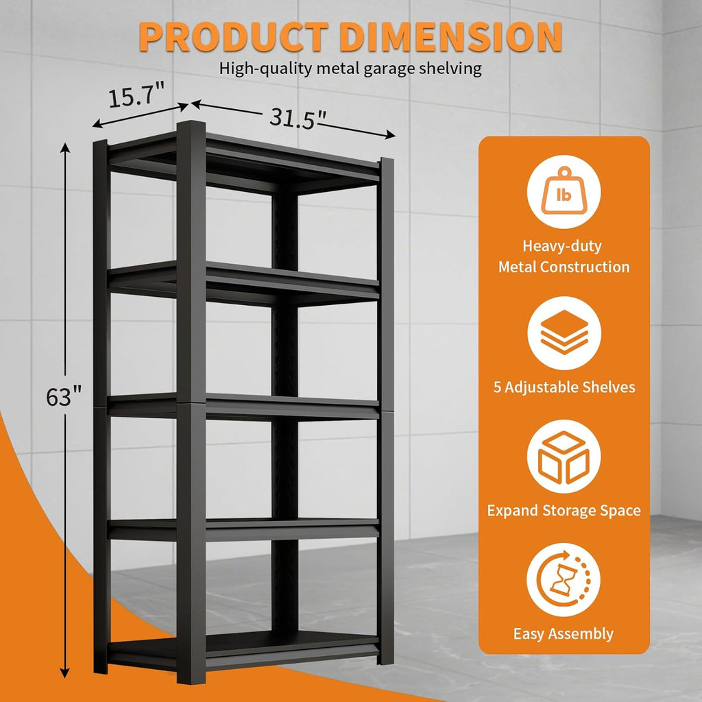 Dyoung 5 Tier Adjustable Garage Shelving Units 63" H Storage Utility Shelves 1800LBS Heavy Duty Shelving Industrial Shelving Rack for Garage Warehouse Basemen, Black (15.7" D*31.5" W*63" H)