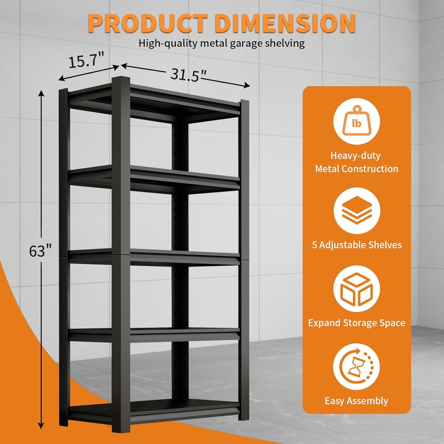 Dyoung 5 Tier Adjustable Garage Shelving Units 63" H Storage Utility Shelves 1800LBS Heavy Duty Shelving Industrial Shelving Rack for Garage Warehouse Basemen, Black (15.7" D*31.5" W*63" H)