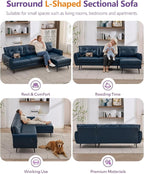 TYBOATLE 3 Seat L Shaped Leather Sectional Couches for Living Room, Faux Leather Couch w/USB & Type-C Charging Port, Small Sectional Sofa w/Deep-Seat Chaise (Blue)