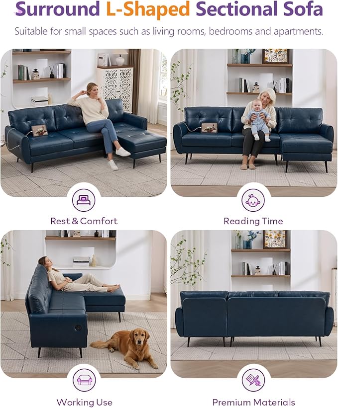 TYBOATLE 3 Seat L Shaped Leather Sectional Couches for Living Room, Faux Leather Couch w/USB & Type-C Charging Port, Small Sectional Sofa w/Deep-Seat Chaise (Blue)