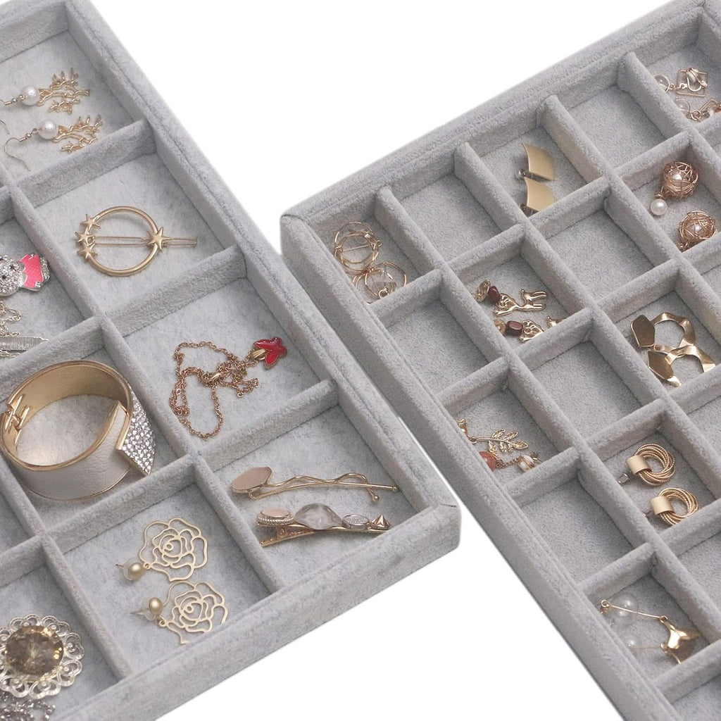 DIOMMELL Set of 5 Stackable Velvet Jewelry Trays Organizer Jewelry Display Showcase Dresser Drawer Organizer Storage Box for Ring Earring Bracelet Necklace Accessary, Grey