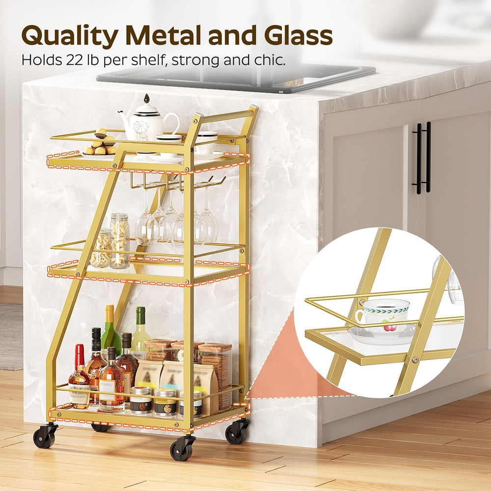 YATINEY Bar Cart, 3-Tier Home Bar Serving Cart with Wheels, Drink Cart with G...