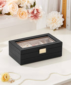 Homde Jewelry Tray Stackable Jewelry Box with Glass Lid, Removable Dividers for Vanity Table - Christmas Gift Idea for Girls and Women (Black)