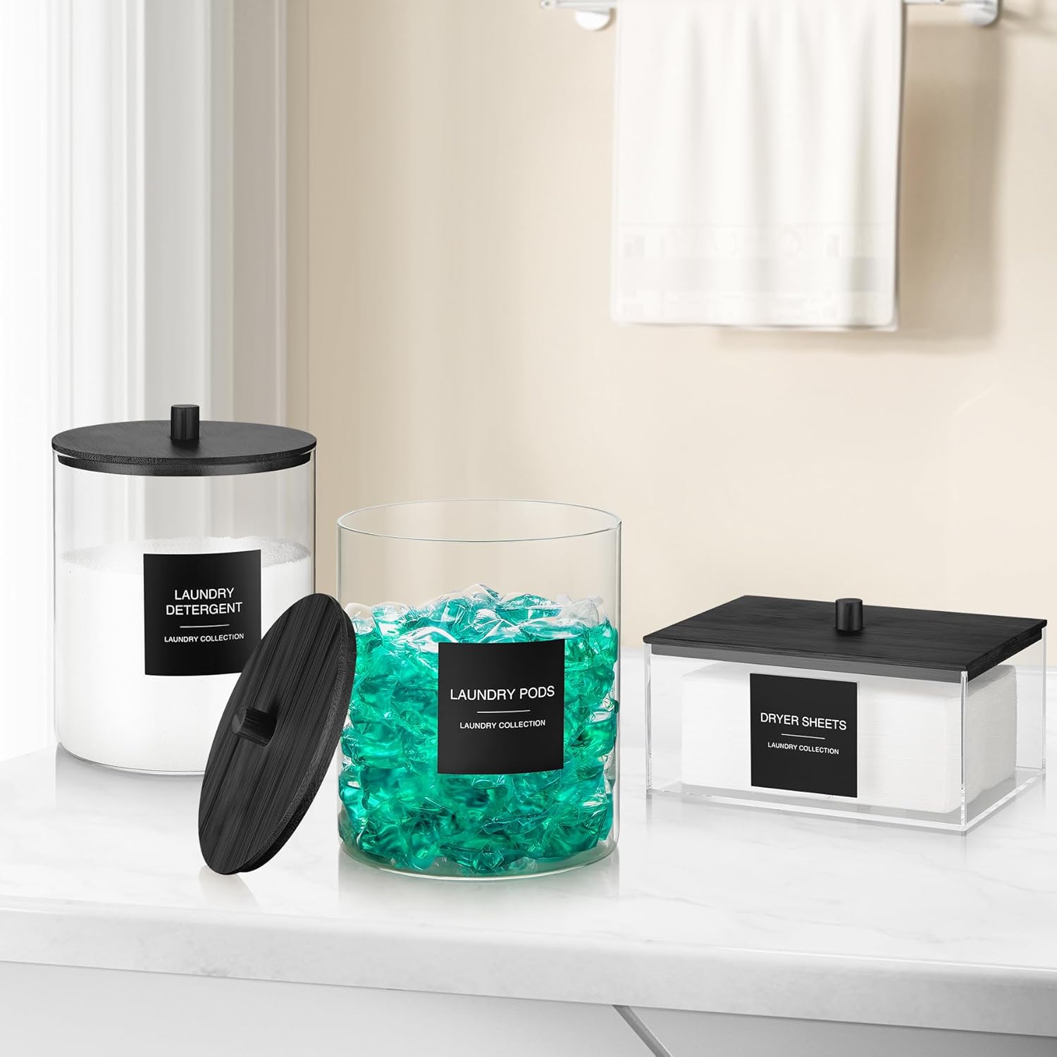 TIPGO Laundry Pods Container with 27 Labels, Glass Jars for Laundry Room Organization, Detergent Holder with Bamboo Lid, Cute Storage Jars, Black (Set of 1)