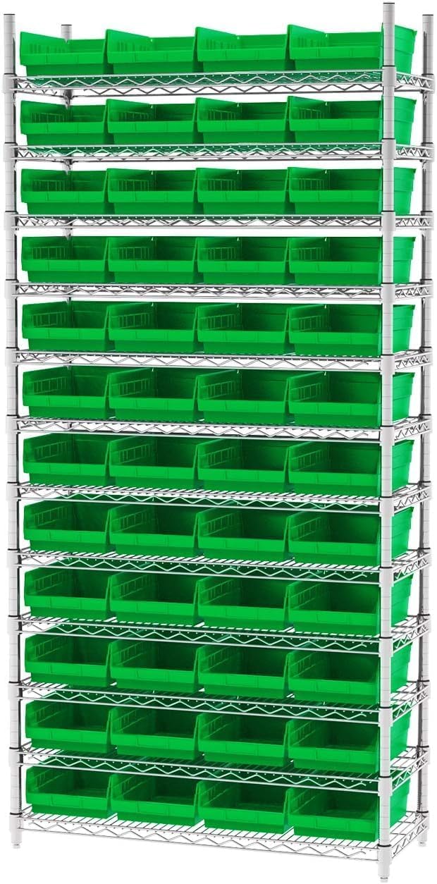 Akro-Mils 30150 Plastic Shelf Bins, Heavy Duty Storage Bins for Garage, Closet, and Drawer Organization, 12-Inch x 8-Inch x 4-Inch, Green, 12-Pack