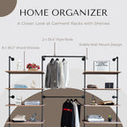 Industrial Pipe Clothing Rack, Wall Mounted Garment Hanging Rack with Shelves, 14.6x112.6x82.7 Inches, Model Y03