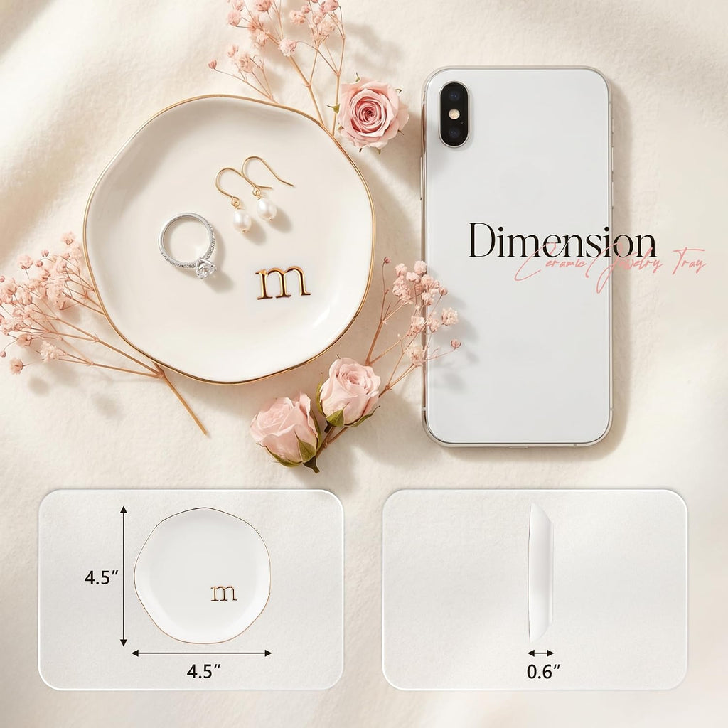 Ceramic Jewelry Tray, Personalized Initial Jewelry Dish for Rings Earrings Necklaces Bracelets, White Letter M Initial Ring Dish for Vanity, Birthday Mother's Day Christmas Gift for Women, 4.5 Inch
