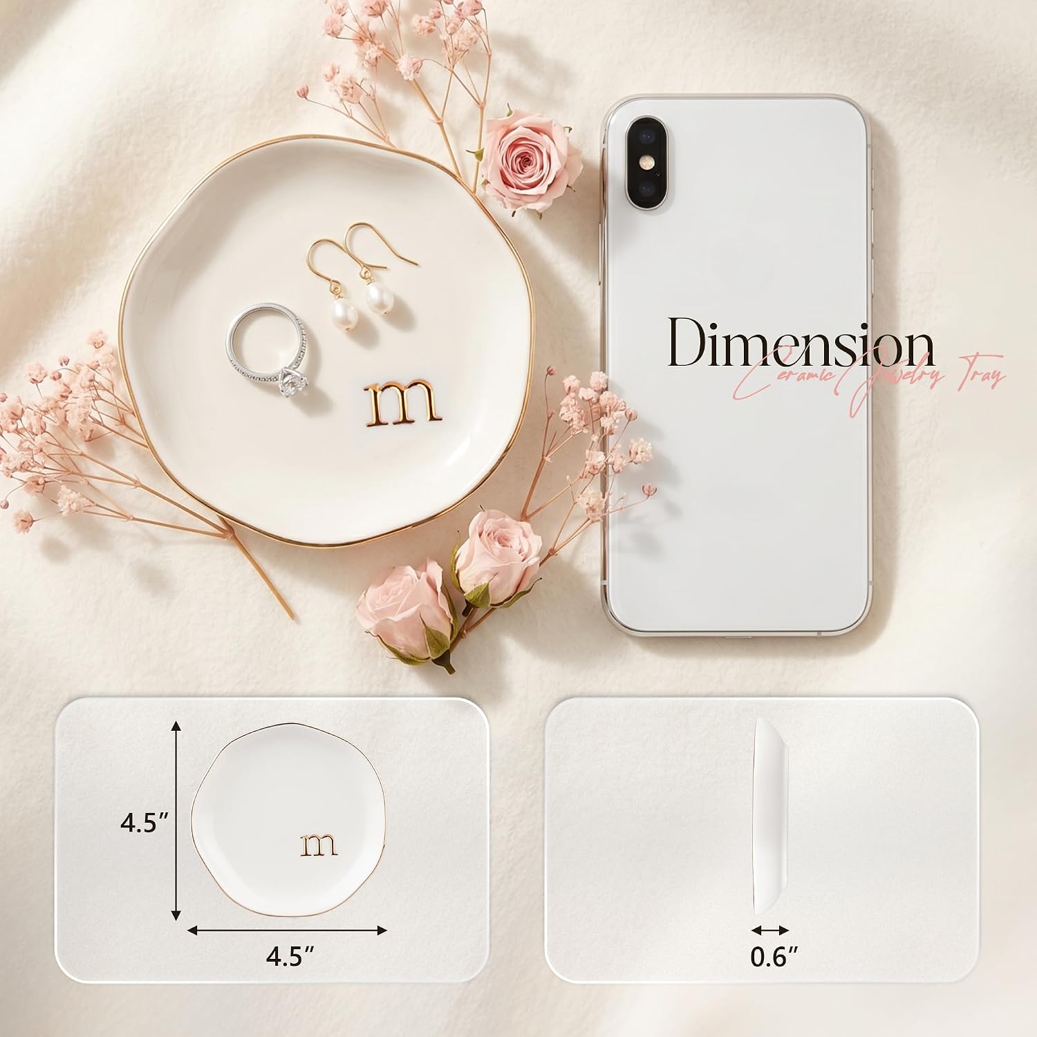 Ceramic Jewelry Tray, Personalized Initial Jewelry Dish for Rings Earrings Necklaces Bracelets, White Letter M Initial Ring Dish for Vanity, Birthday Mother's Day Christmas Gift for Women, 4.5 Inch