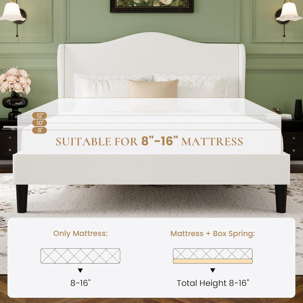 SHA CERLIN Full Size Bed Frame with Curved Wingback Headboard,Soft White