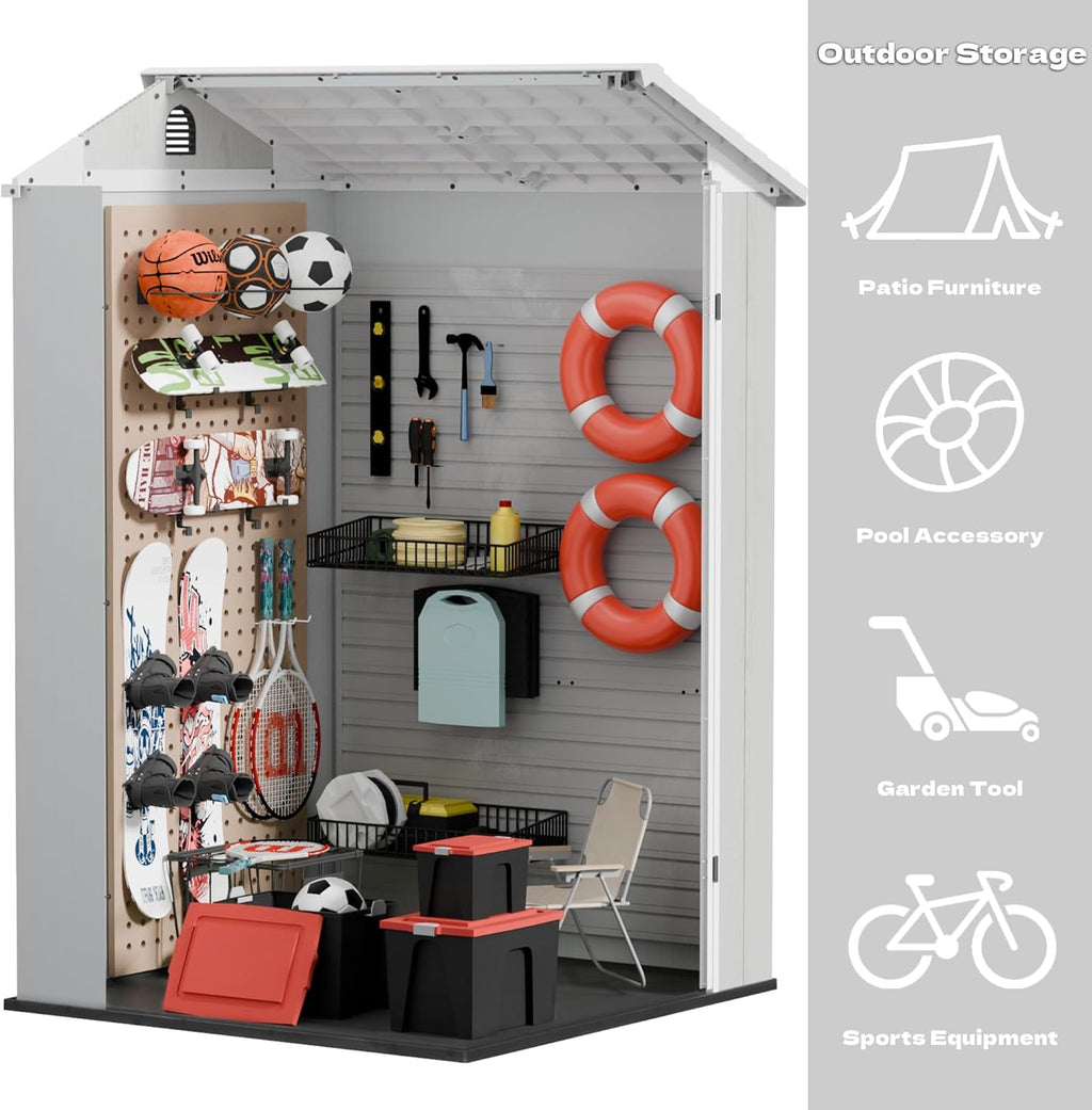 Devoko 4x4 FT Outdoor Shed, Compact & Secure Plastic Resin Storage with Lockable Door, Features Built-in Floor & Window for All-Weather Garden, Patio, and Poolside Organization, Light Gray