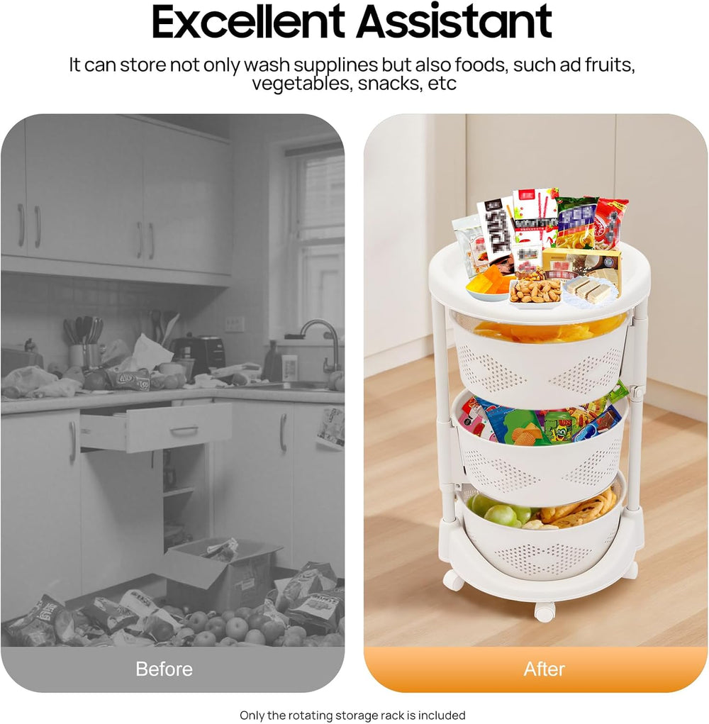 Storage Cart, 3-Tier Rotating Storage Shelf, Kitchen Detachable 180° Rotatabl...