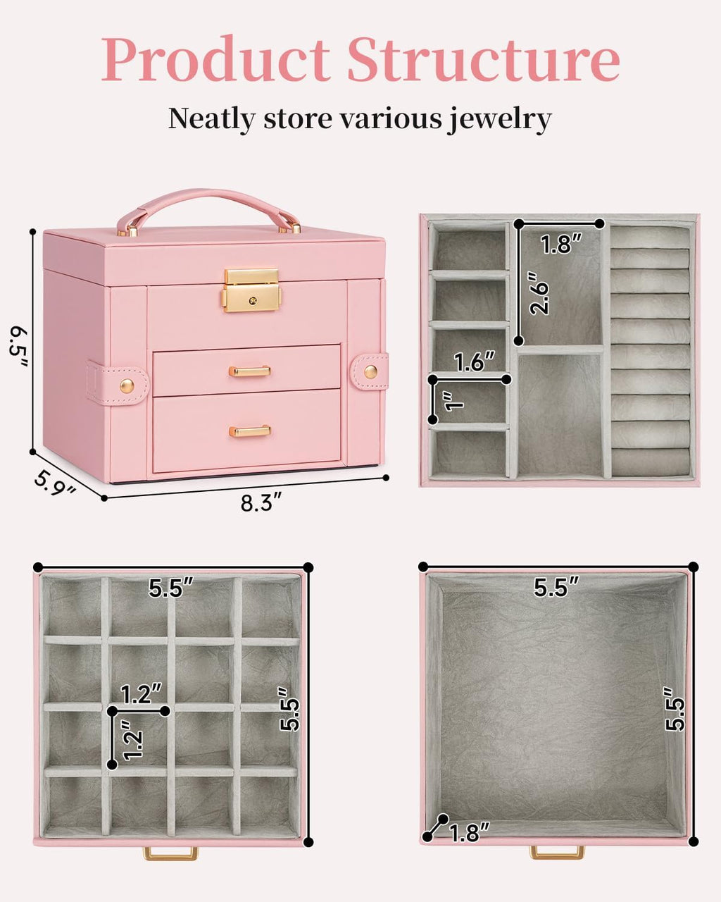 TORIBIO Jewelry Box for Women, Leather Jewelry Organizer with Mirror & Lock, 3-Tier Jewelry Storage Organizer with 2 Drawers for Girls/Women/Mothers, Necklace Earring Bracelets Holder Organizer