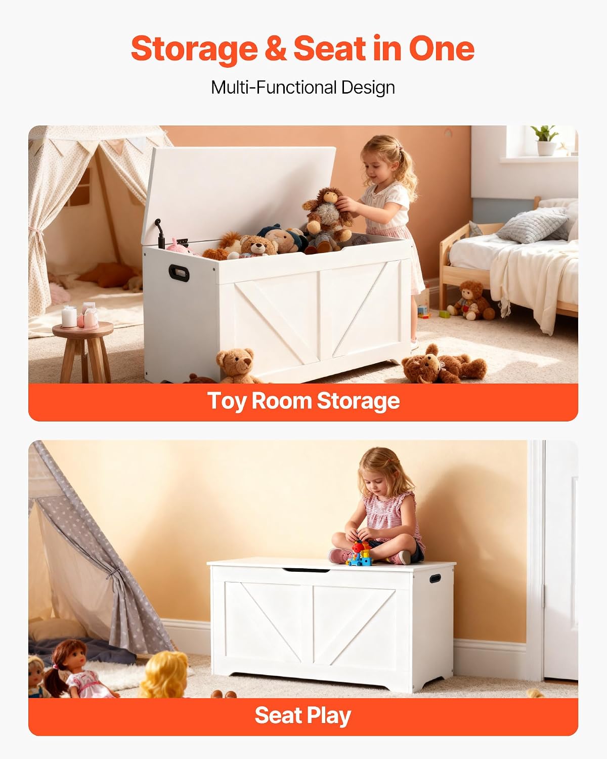 VEVOR Kids Storage Bench, Wooden Toy Box Chest, Large Storage Cabinet with Safety Hinge, Toddlers Storage Bench for Playroom, Living Room or Entryway, Easy Assembly, 38.98 x 15.55 x 18.9 in, White