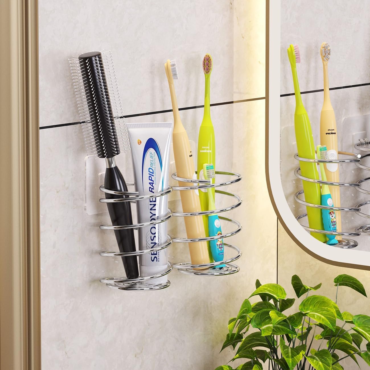 Wall-Mounted Spiral Hair Tool Holder, Adhesive Bathroom Organizer for Toothbrush and Makeup Brushes, Stainless Steel, 8 x 7 cm (2)
