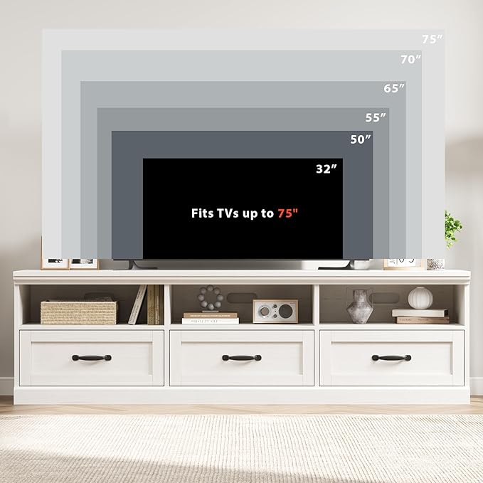 IDEALHOUSE 70in TV Stand for TVs up to 80", Mid Century Modern Entertainment Center with Storage Drawer and Open Shelves, TV Console Media Cabinet for Living Room, Bedroom, Vintage White